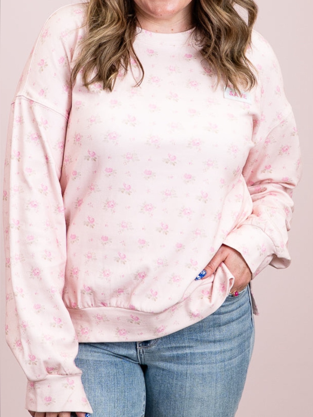 AMPERSAND AVE Pink Floral Side slit Crew Sweatshirt